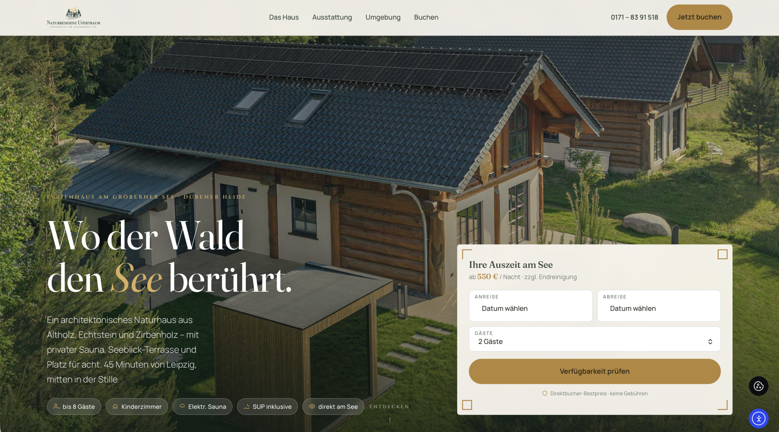 Naturresidenz Ufertraum Website — Desktop-Ansicht