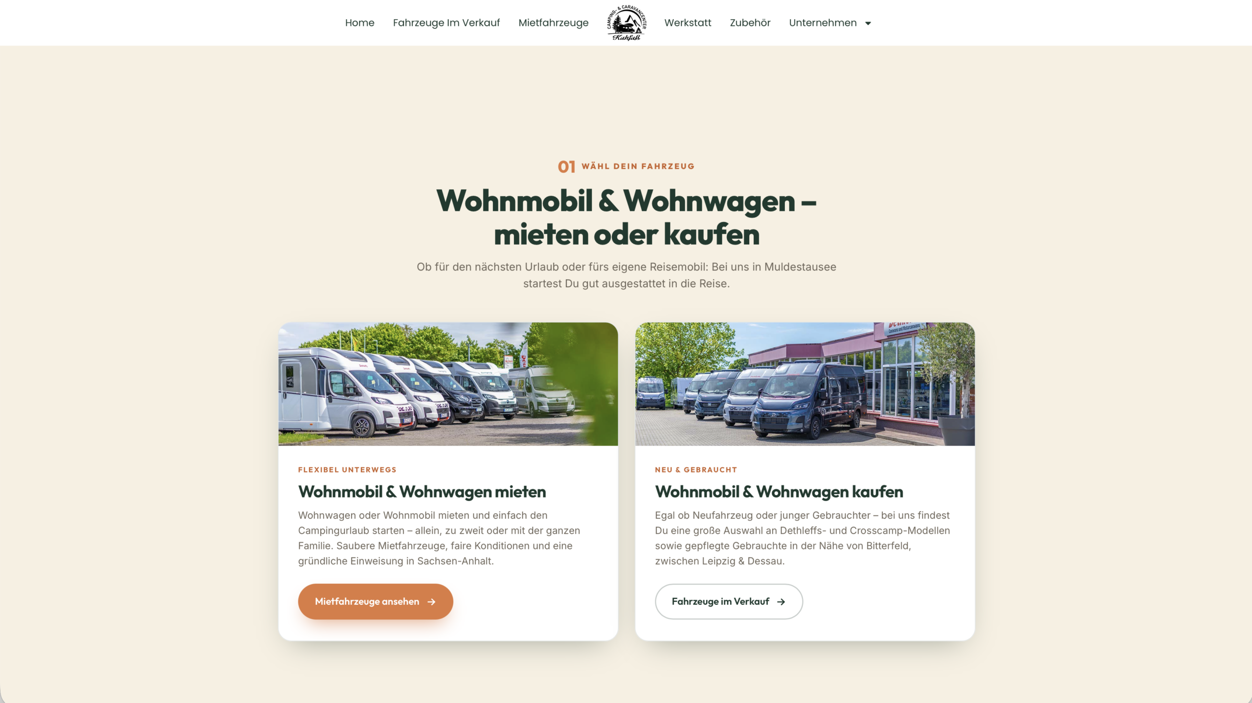 Caravan-Center Kuhfuß Website — Desktop-Ansicht